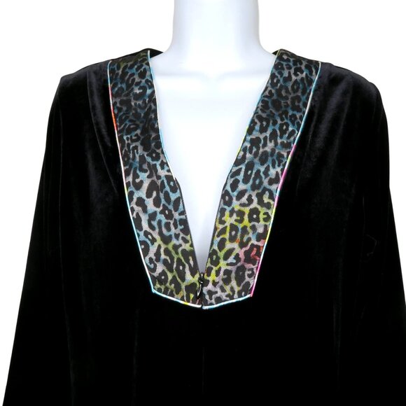 Vintage Oscar De La Renta Pink Label Black Velvet Tunic Top Leopard Print Trim S - Picture 3 of 11